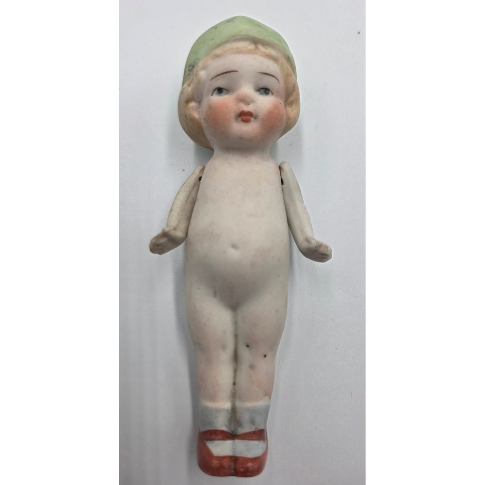 Antique 1920s Bisque Flapper Doll 6" Googly Eyes Jointed Arms Green Hat